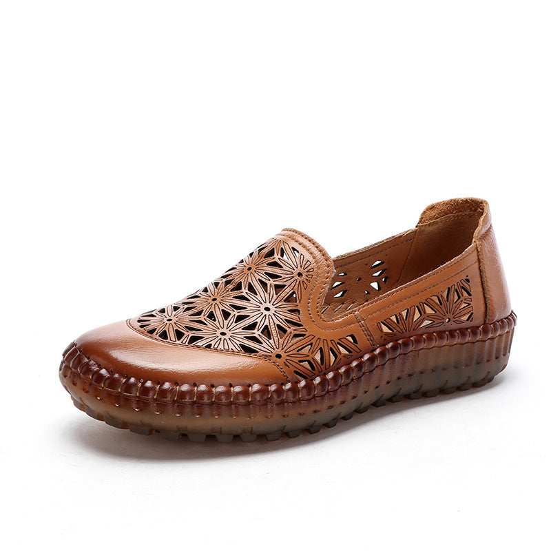 Comfortable Soft Bottom Breathable Non-Slip Engraved Retro Ladies Leather Shoes