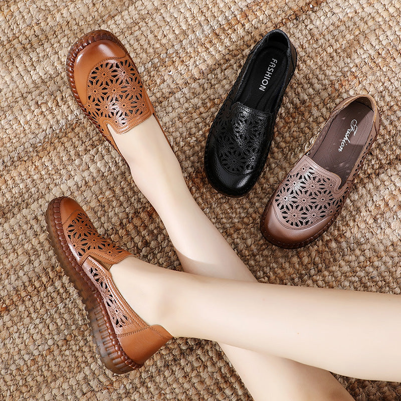Comfortable Soft Bottom Breathable Non-Slip Engraved Retro Ladies Leather Shoes