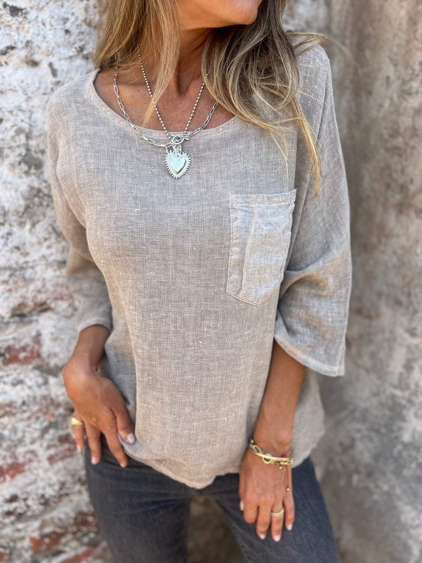 Round Neck Pocket Casual Cotton and Linen T-shirt (Buy 2 Free Shipping)