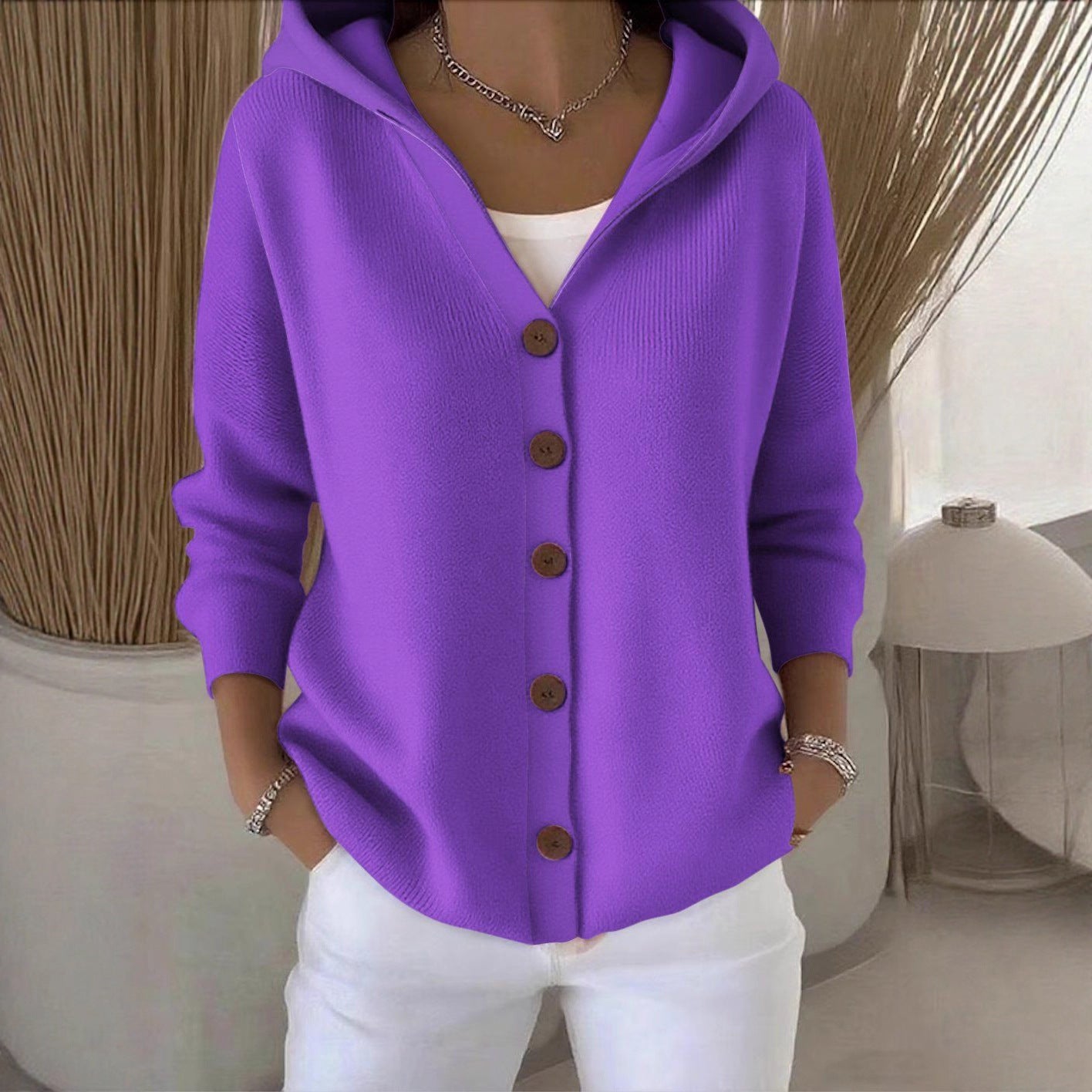 Women Cotton Plain Long Sleeve Comfy Casual Cardigan