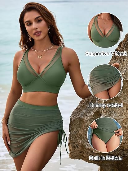 Women's High Waist Tummy Control Mesh Sarong Wrap Swimsuit