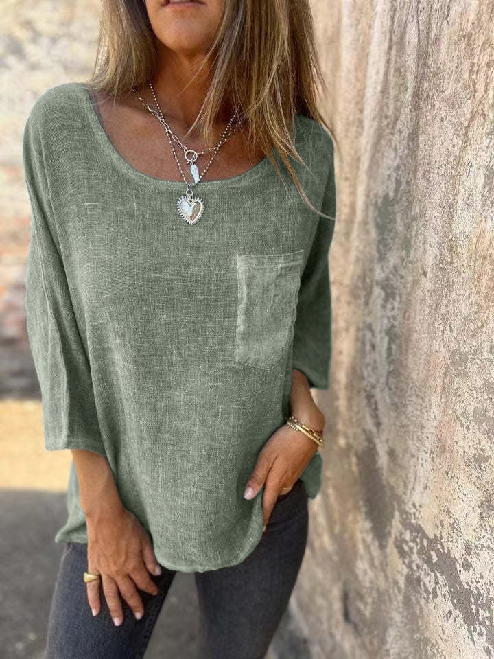 Round Neck Pocket Casual Cotton and Linen T-shirt (Buy 2 Free Shipping)