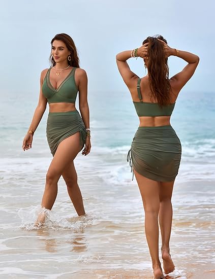Women's High Waist Tummy Control Mesh Sarong Wrap Swimsuit