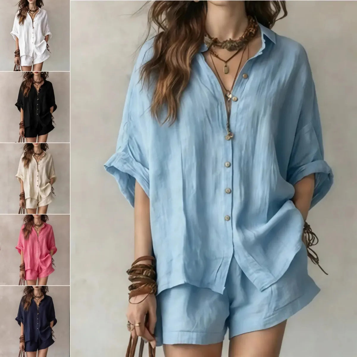 Women's Solid-Color Casual-Elegant Button-Front Shirt Two-Piece Set