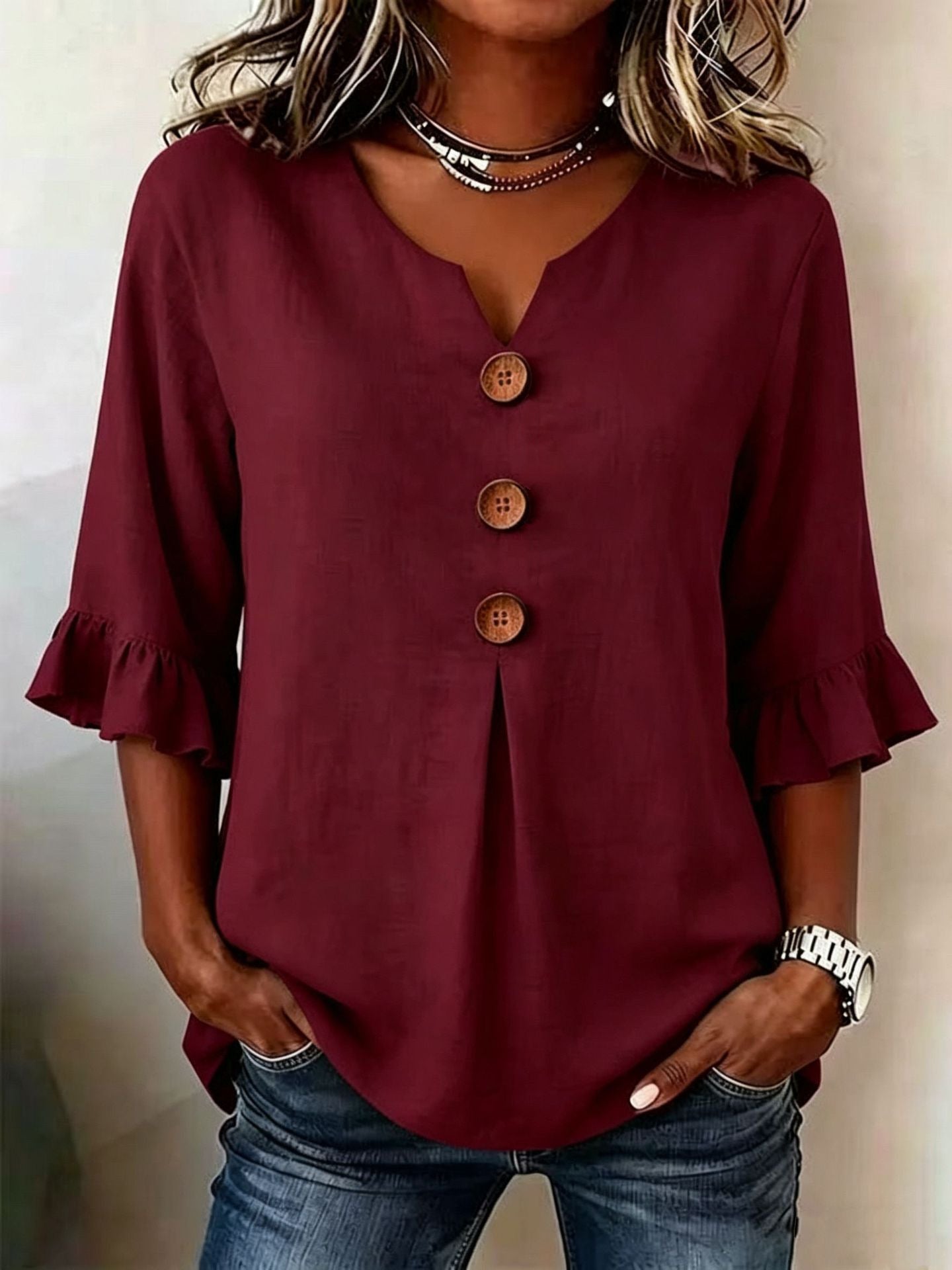 Button-Front Top with Ruffled Sleeves