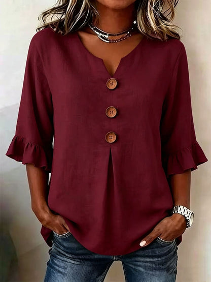 Button-Front Top with Ruffled Sleeves