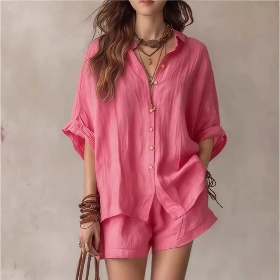 Women's Solid-Color Casual-Elegant Button-Front Shirt Two-Piece Set