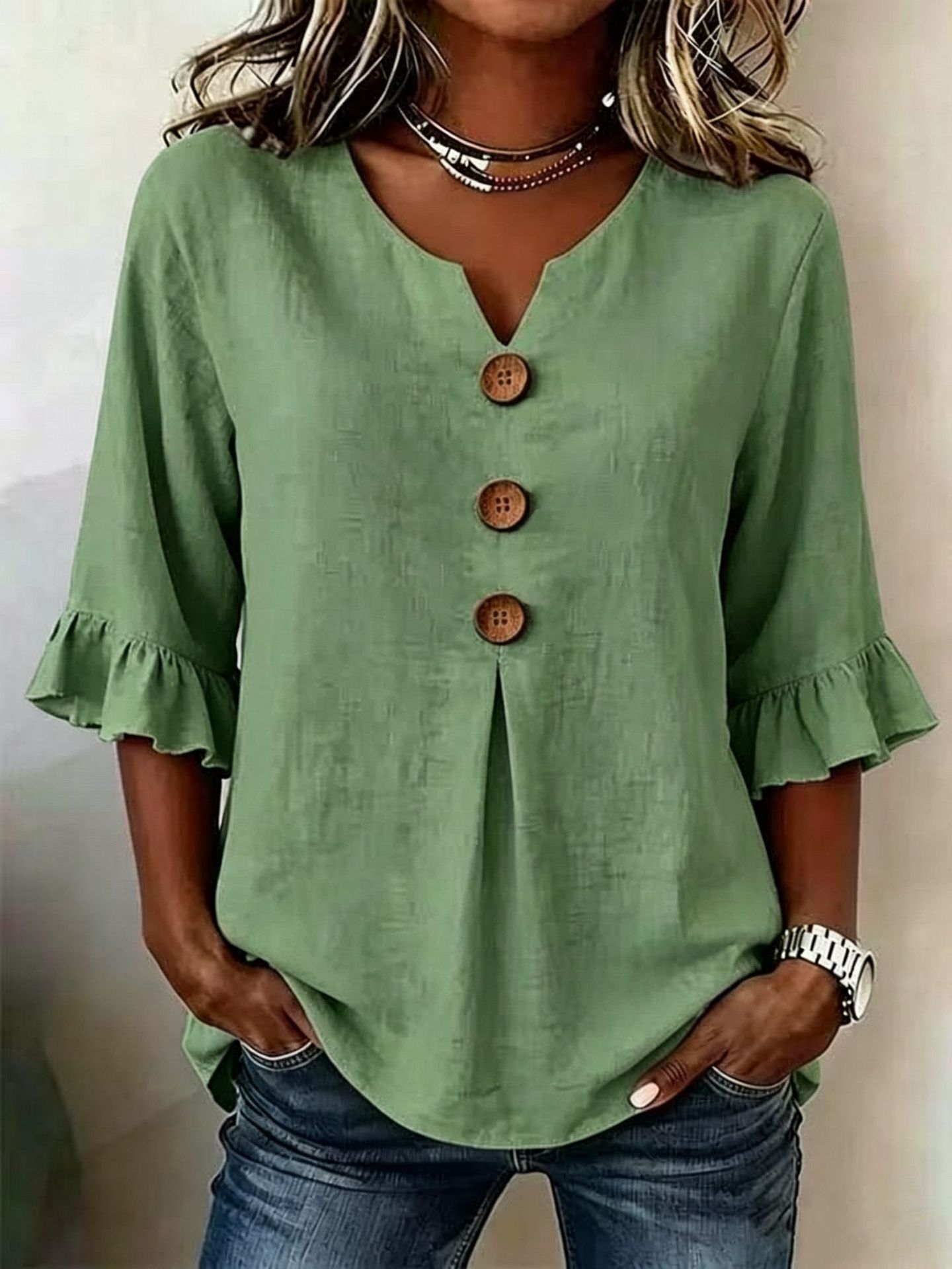 Button-Front Top with Ruffled Sleeves