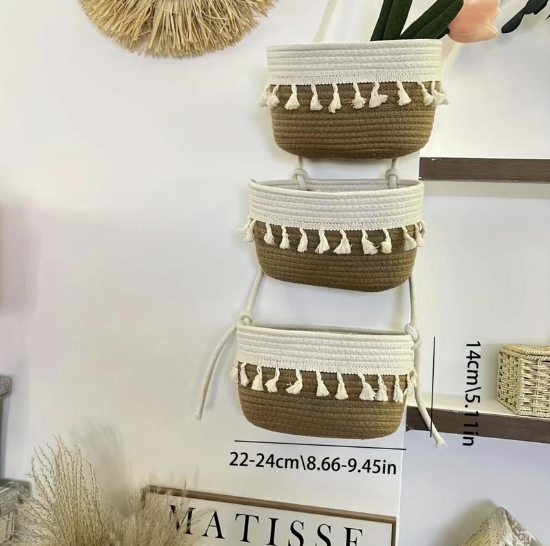 Bohemian Woven Storage Rack With Three-Tier Cotton Hanging Baskets