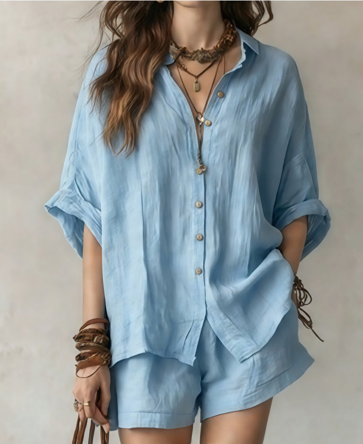 Women's Solid-Color Casual-Elegant Button-Front Shirt Two-Piece Set