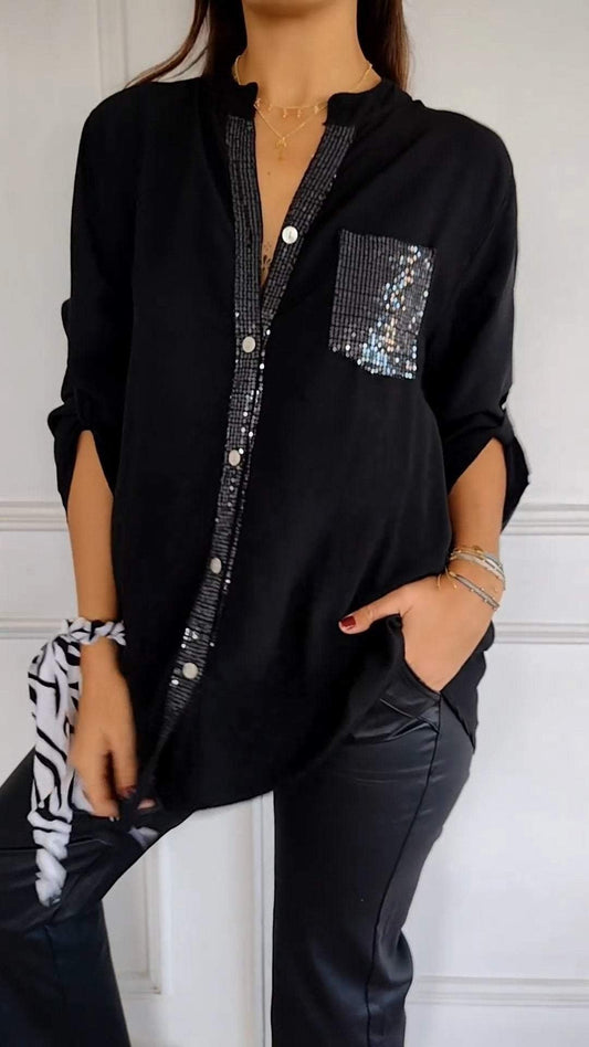 V-Neck Sequin Mid-Sleeve Casual Top