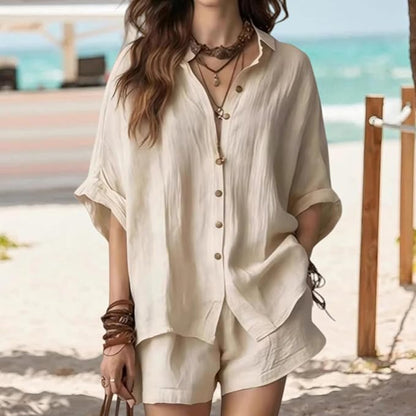 Women's Solid-Color Casual-Elegant Button-Front Shirt Two-Piece Set