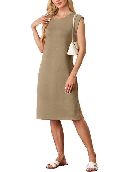 Women's Round Neck Loose Split Wrinkle-Free Midi Dress With Pockets