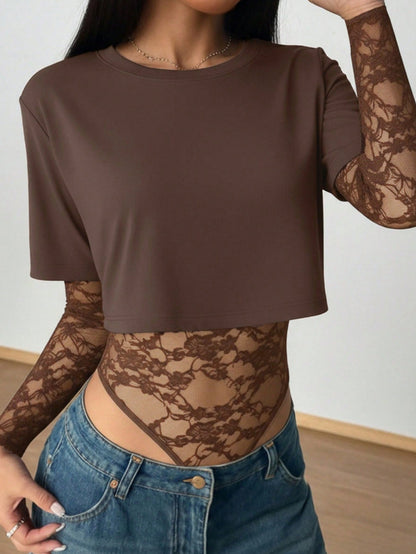 👗Women's Crew-Neck Top and Layered Lace Bodysuit