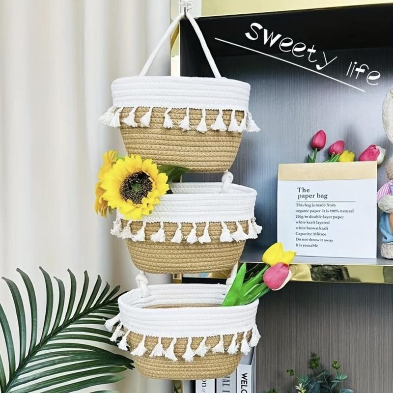 Bohemian Woven Storage Rack With Three-Tier Cotton Hanging Baskets