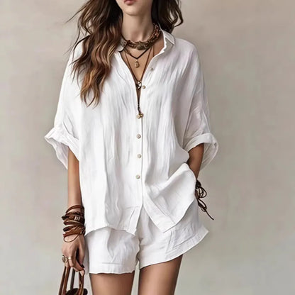 Women's Solid-Color Casual-Elegant Button-Front Shirt Two-Piece Set