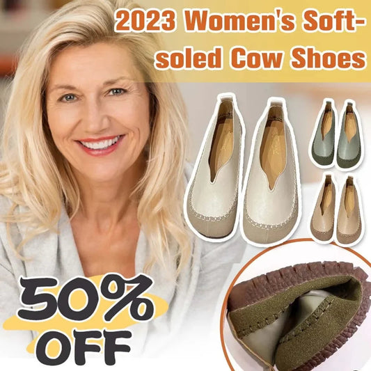 Women Soft-soled Cow Shoes Casual Round Toe Shallow Flat Comfort Soft Leather Loafers