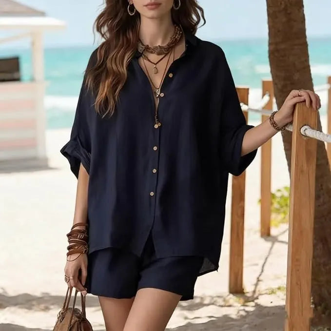 Women's Solid-Color Casual-Elegant Button-Front Shirt Two-Piece Set