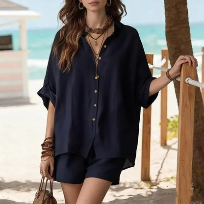 Women's Solid-Color Casual-Elegant Button-Front Shirt Two-Piece Set