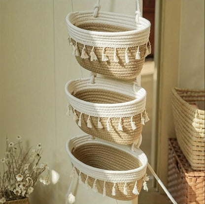 Bohemian Woven Storage Rack With Three-Tier Cotton Hanging Baskets