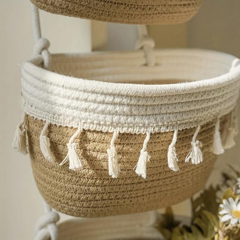 Bohemian Woven Storage Rack With Three-Tier Cotton Hanging Baskets