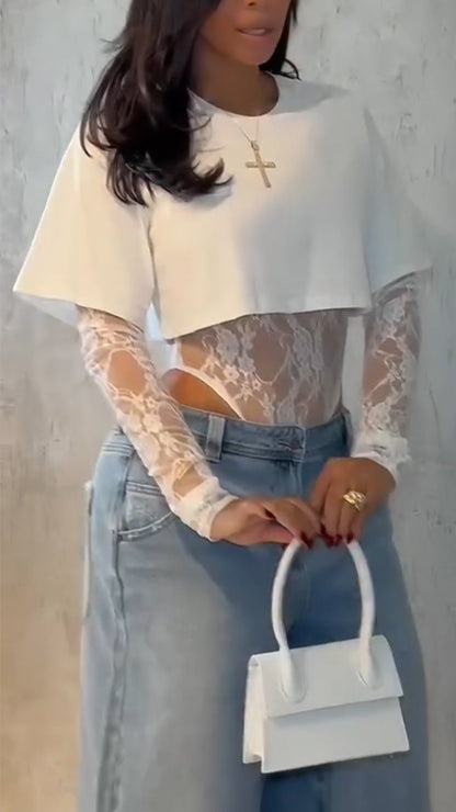 👗Women's Crew-Neck Top and Layered Lace Bodysuit