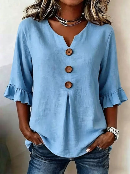 Button-Front Top with Ruffled Sleeves