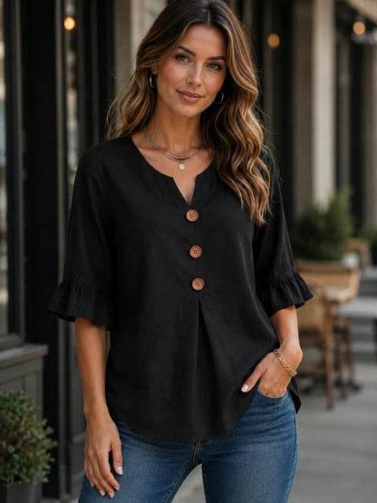 Button-Front Top with Ruffled Sleeves