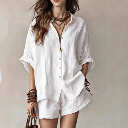 Women's Solid-Color Casual-Elegant Button-Front Shirt Two-Piece Set