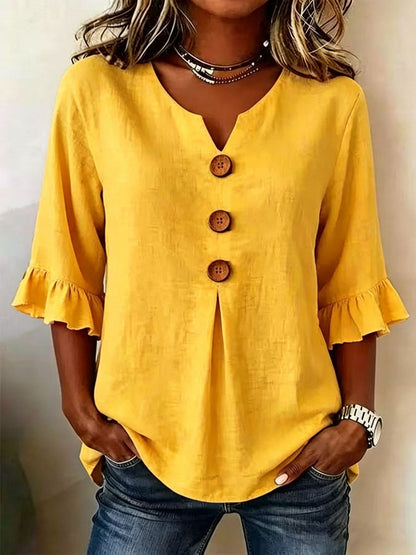 Button-Front Top with Ruffled Sleeves