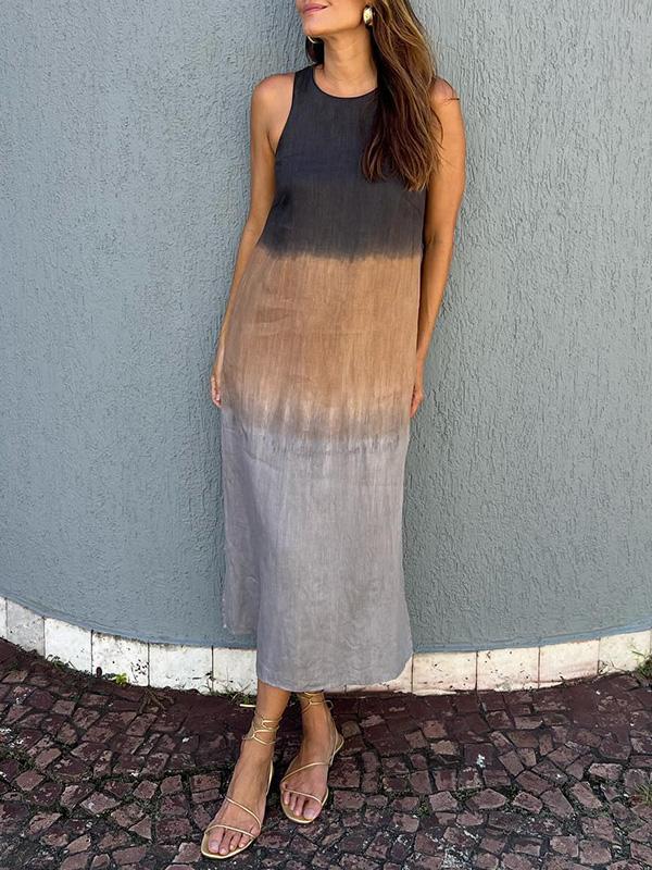 Women's Casual Cotton And Linen Sleeveless Slit Gradient Tie-Dye Long Dress