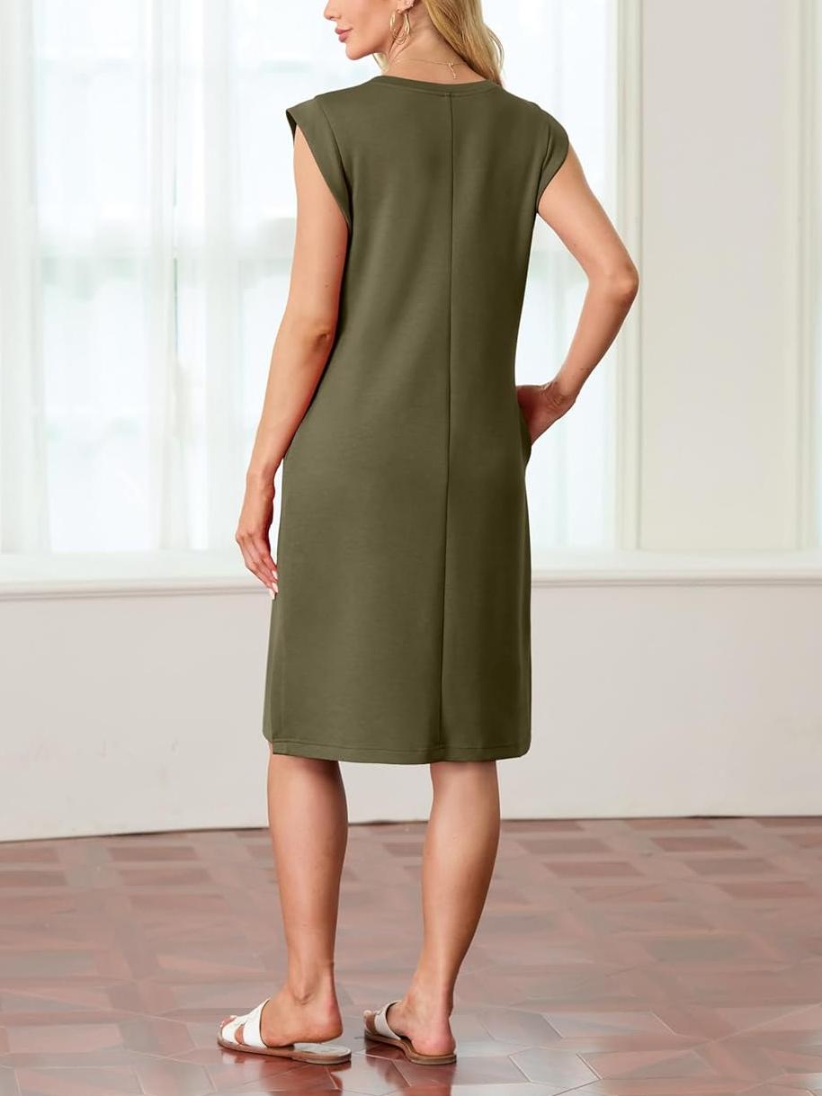 Women's Round Neck Loose Split Wrinkle-Free Midi Dress With Pockets