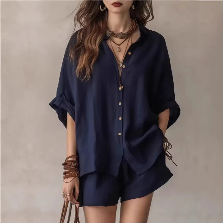 Women's Solid-Color Casual-Elegant Button-Front Shirt Two-Piece Set