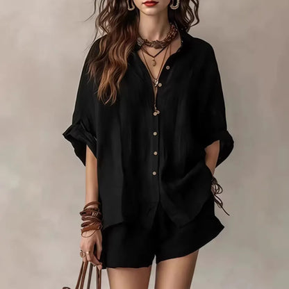Women's Solid-Color Casual-Elegant Button-Front Shirt Two-Piece Set