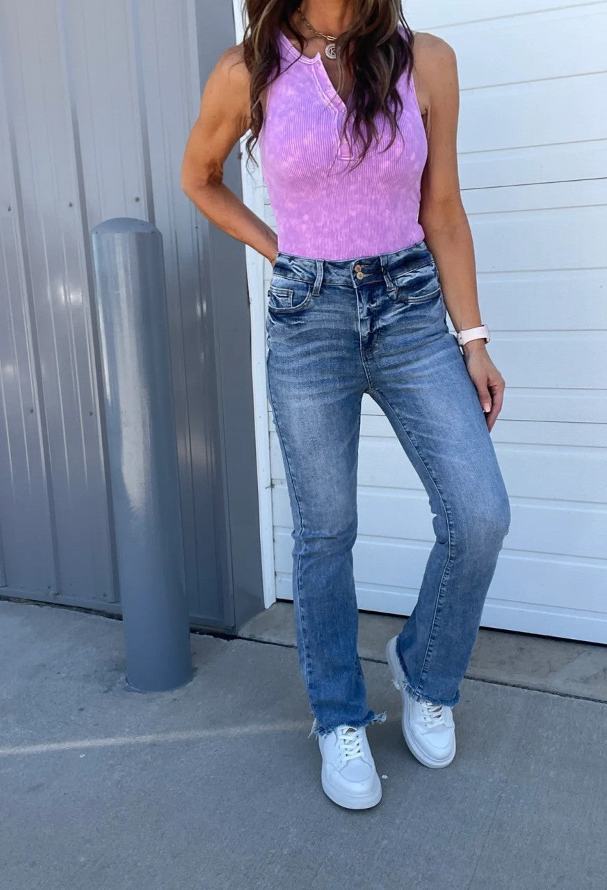 Vintage Double Button Frayed Hem Bootcut Jeans