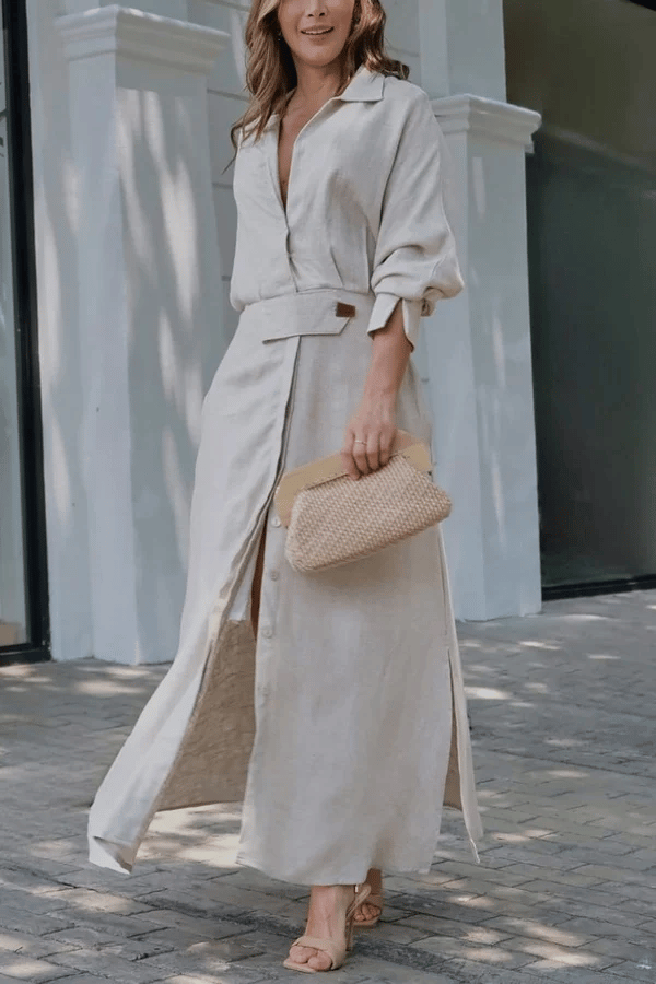 2024 Cotton And Linen Solid Color Maxi Dress