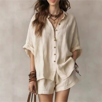 Women's Solid-Color Casual-Elegant Button-Front Shirt Two-Piece Set