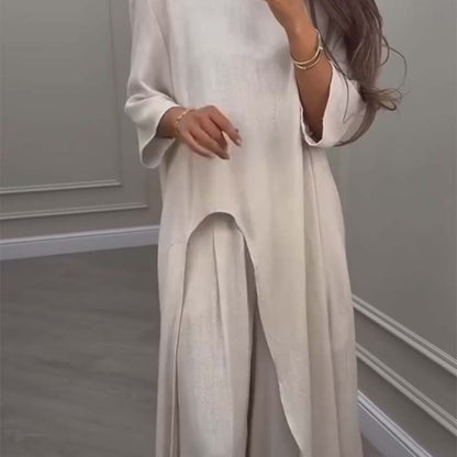 💕Solid Color Irregular Top & Wide-Leg Pants 2-PCS Set