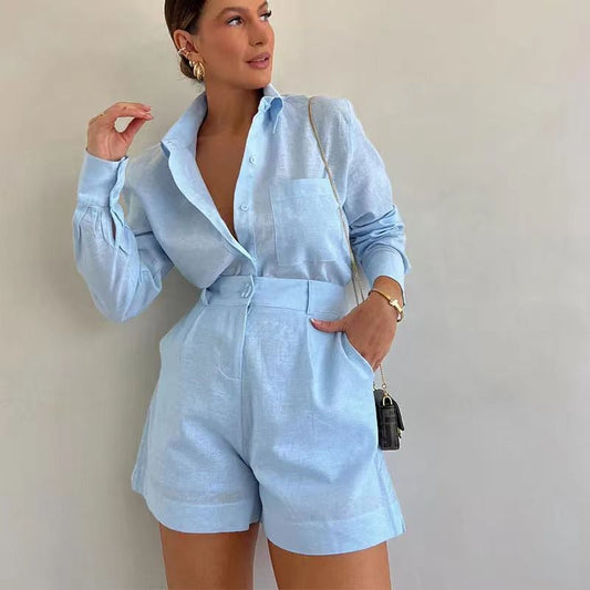 Women's Casual Linen Blouse and Shorts Set