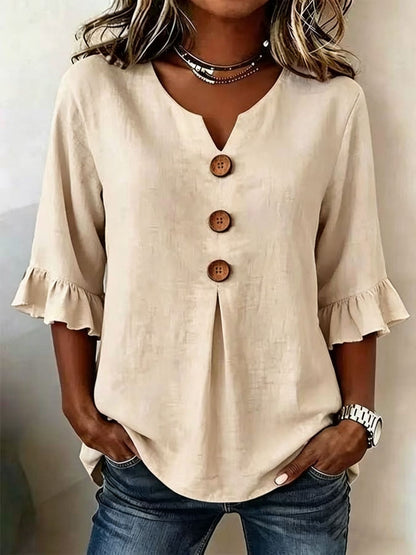 Button-Front Top with Ruffled Sleeves