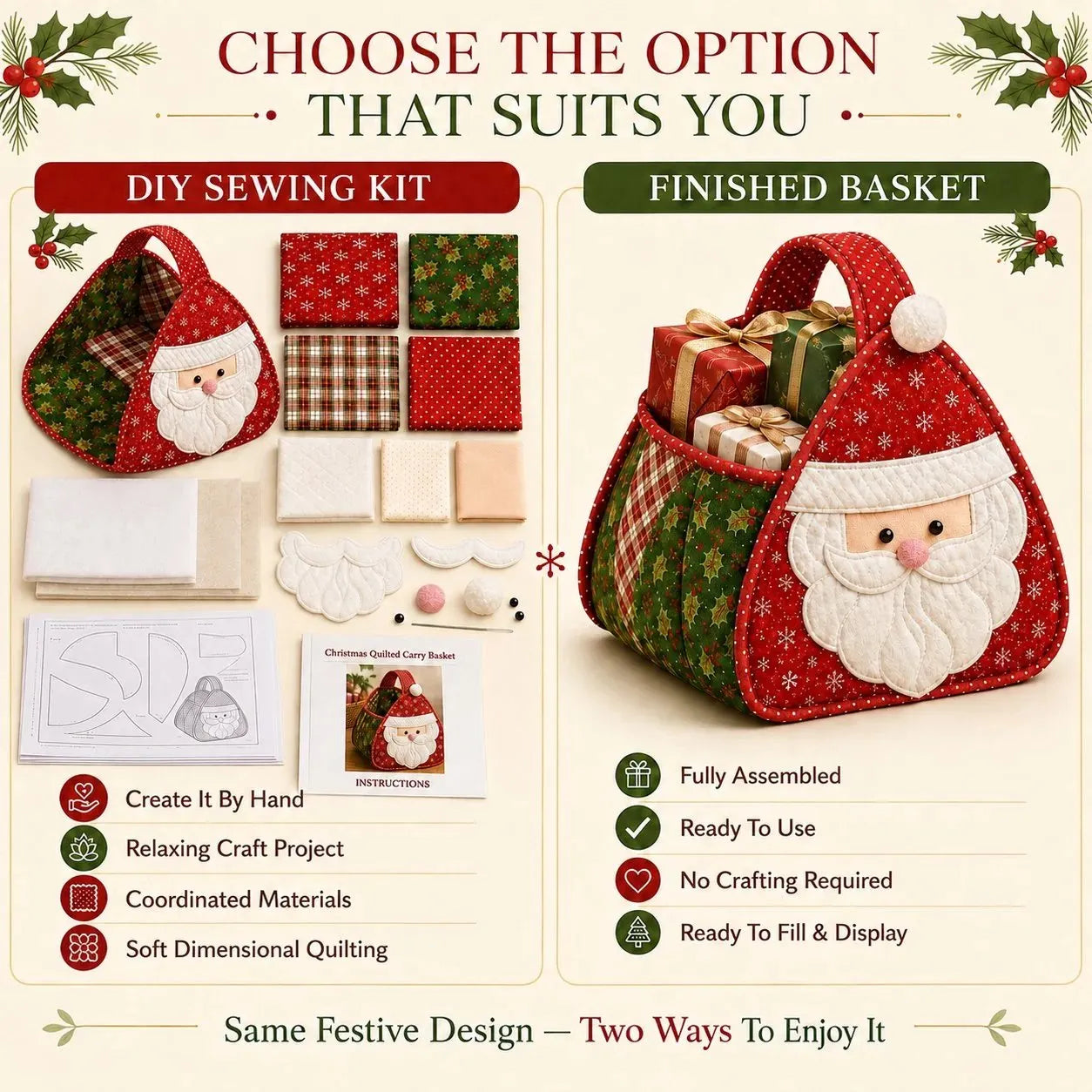 🎉🎄 Christmas Character Quilted Carry Basket | Padded Patchwork Fabrics, Layered Appliqué & Soft Carry Handle in DIY Kit or Ready-Made Styles 🎁✨