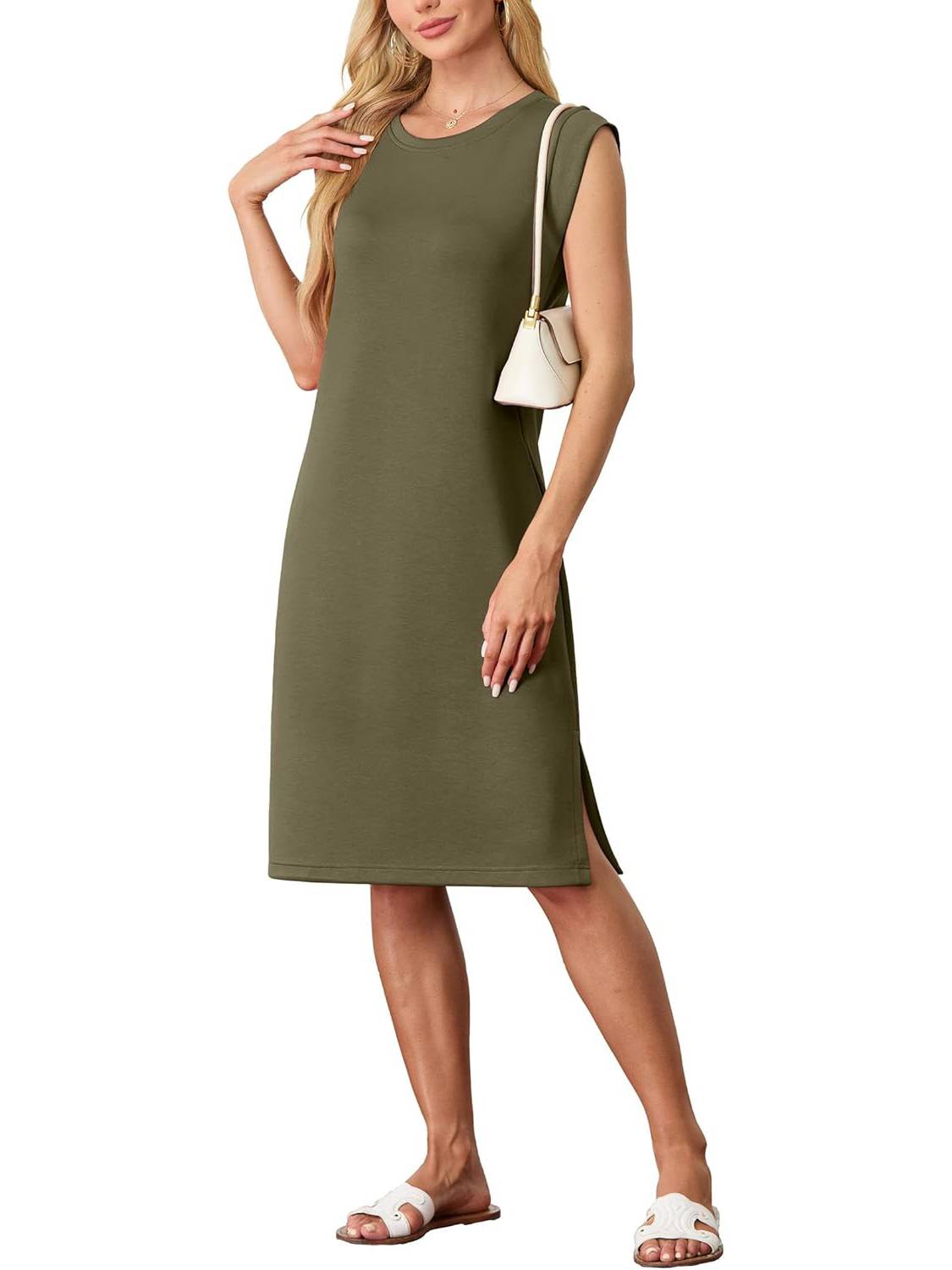 Women's Round Neck Loose Split Wrinkle-Free Midi Dress With Pockets