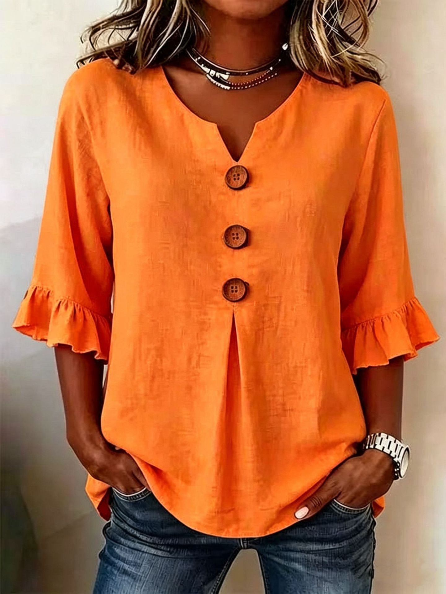 Button-Front Top with Ruffled Sleeves