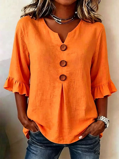 Button-Front Top with Ruffled Sleeves