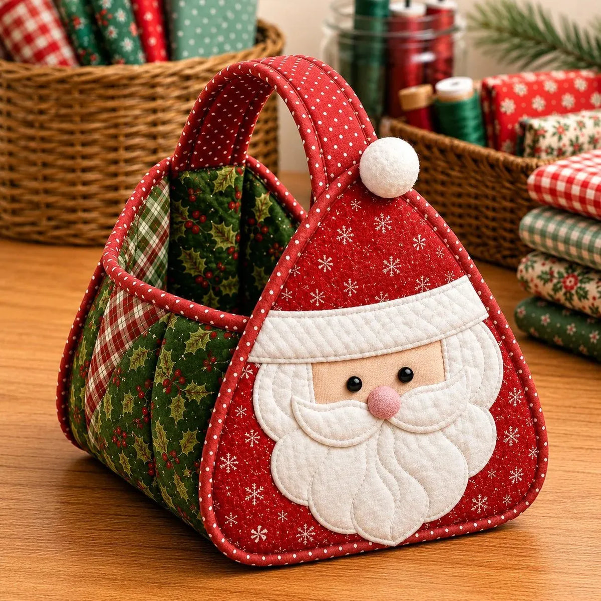 🎉🎄 Christmas Character Quilted Carry Basket | Padded Patchwork Fabrics, Layered Appliqué & Soft Carry Handle in DIY Kit or Ready-Made Styles 🎁✨