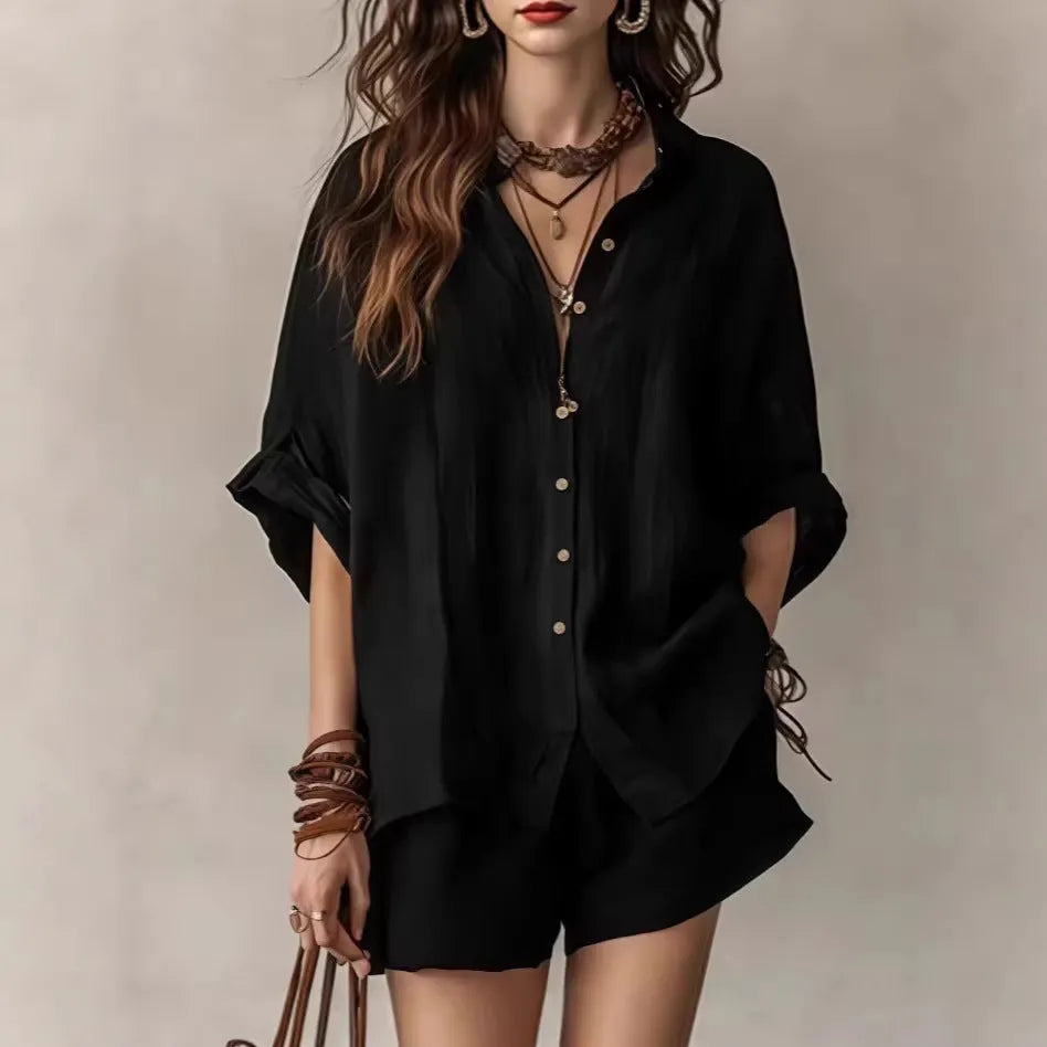 Women's Solid-Color Casual-Elegant Button-Front Shirt Two-Piece Set