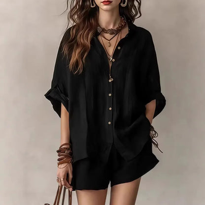 Women's Solid-Color Casual-Elegant Button-Front Shirt Two-Piece Set