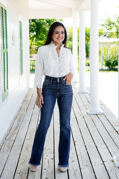 Vintage Double Button Frayed Hem Bootcut Jeans