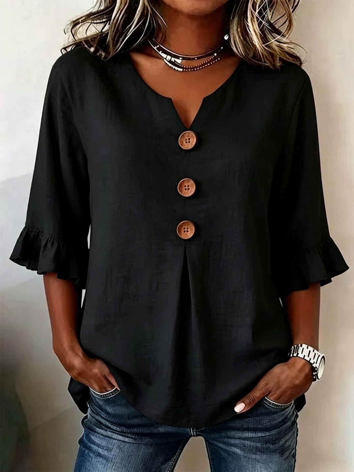 Button-Front Top with Ruffled Sleeves