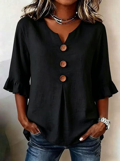 Button-Front Top with Ruffled Sleeves